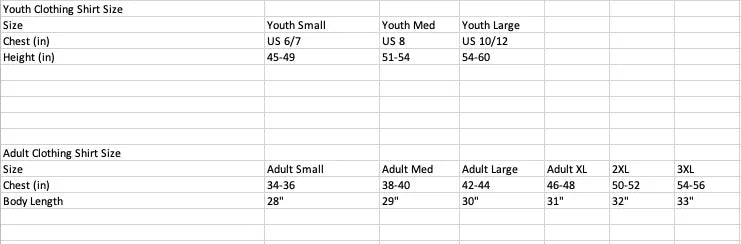 Youth Apparel Size Chart