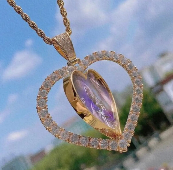 Photo Heart Rotating Double Sided Picture Pendant Gold